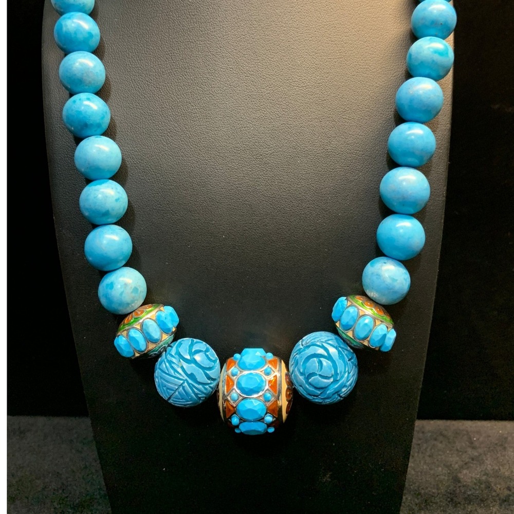 Boho Blue Stone Statement Necklace Carved Floral Enamel Beads Toggle Clasp